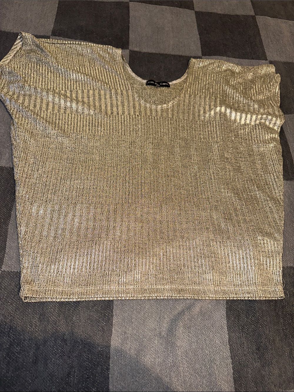 Kim & Cami Metallic Gold Silver Tone Ribbed Short Sleeve Top
